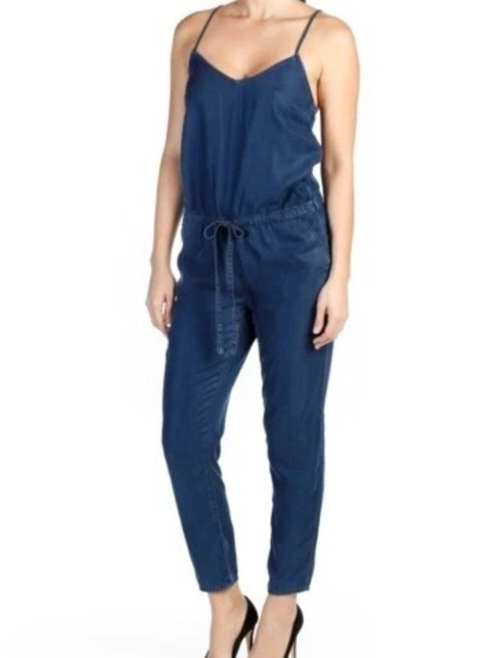 PAIGE Suki Jumpsuit Small Grier Navy Chambray Spaghetti Strap Crop $239